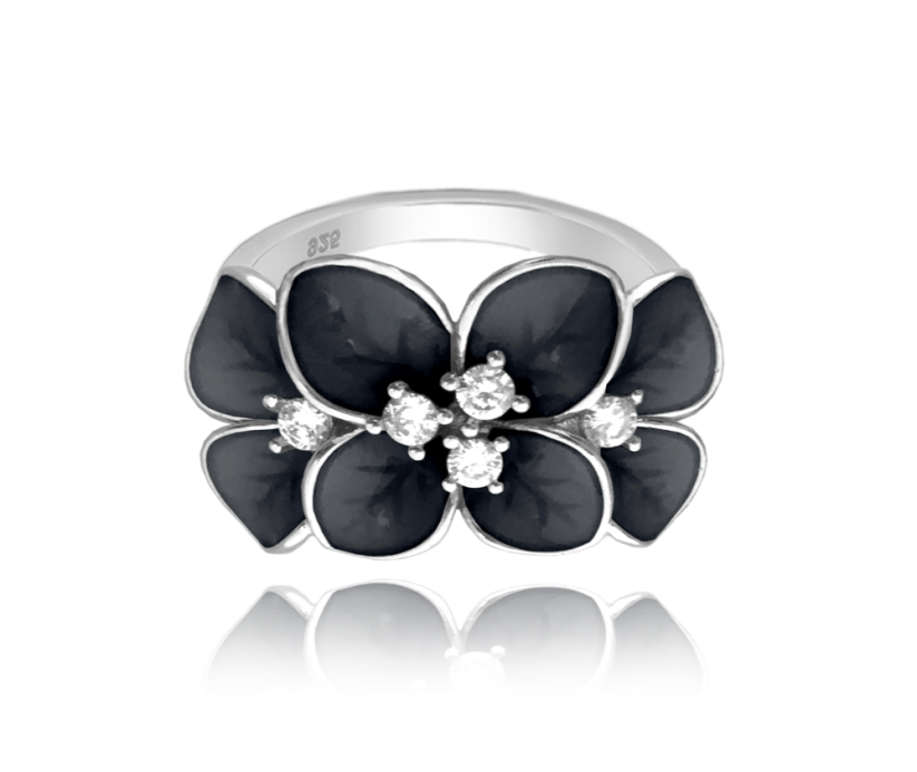 Černý rozkvetlý stříbrný prsten MINET FLOWERS s bílými zirkony vel. 57 JMAS5034BR57