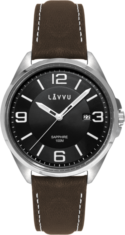 LAVVU Pánské hodinky se safírovým sklem HERNING Black / Top Grain Leather