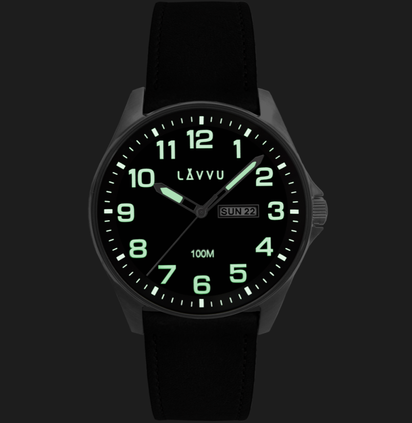 LAVVU Ocelové pánské hodinky BERGEN Black / Top Grain Leather se svítícími čísly