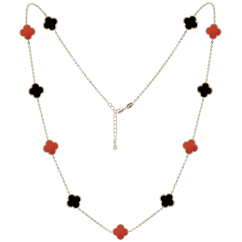 MINET Pozlátený strieborný náhrdelník ŠTVORLÍSTKY s červeným achátom a onyxom Ag 925/1000 11,75g