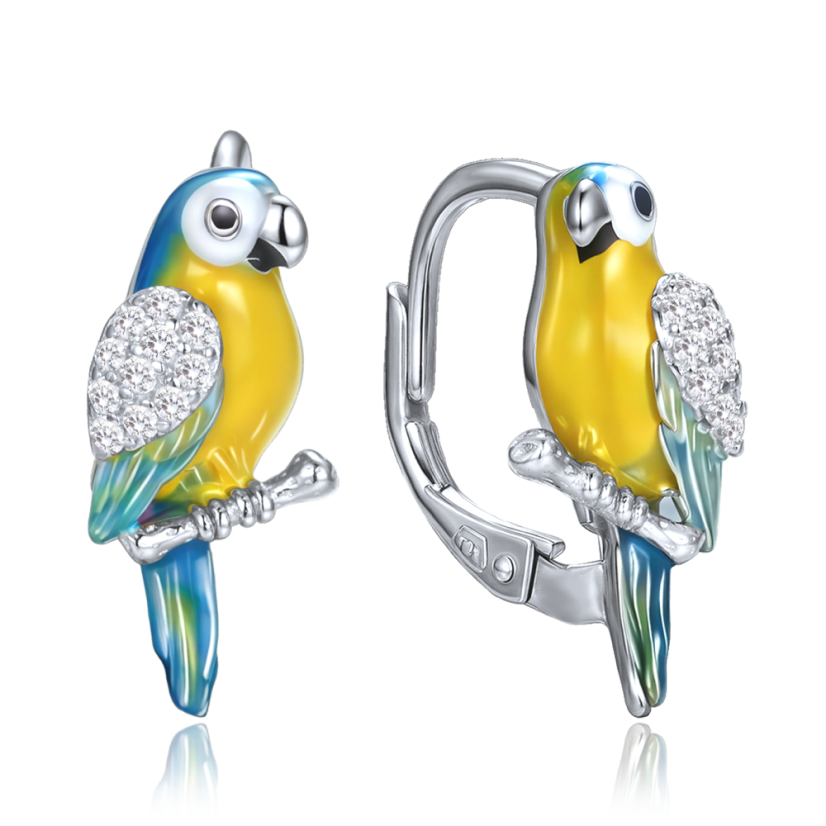 MINET Strieborné náušnice papagáj s bielymi zirkónmi