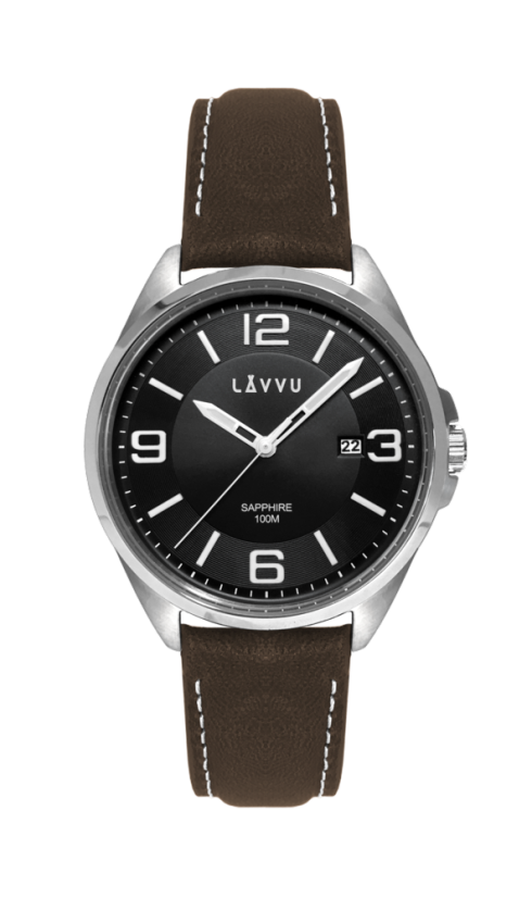 LAVVU Pánské hodinky se safírovým sklem HERNING Black / Top Grain Leather