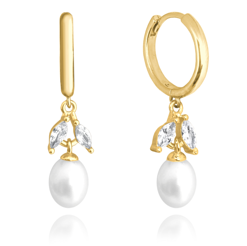 MINET Zdobné pozlacené stříbrné náušnice přírodní perly s bílými zirkony