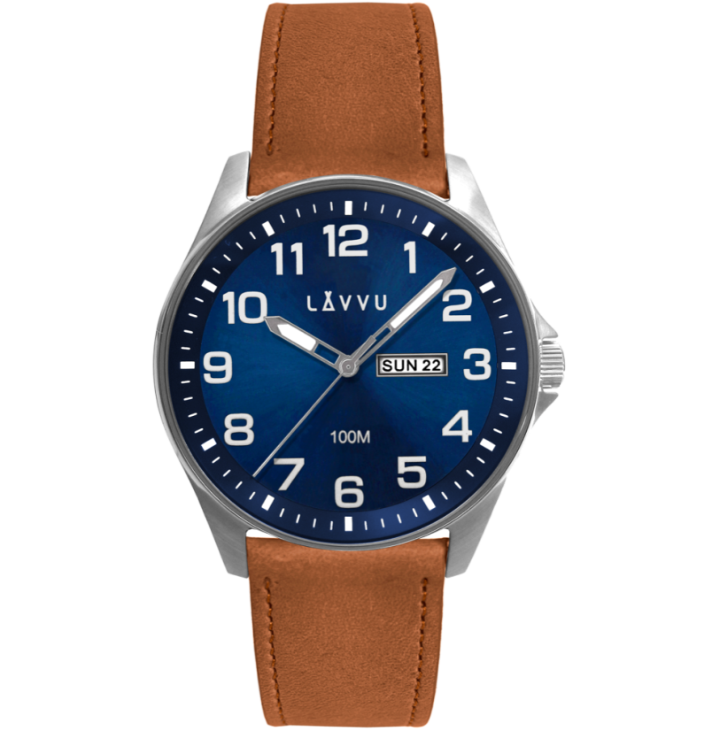 LAVVU Ocelové pánské hodinky BERGEN Blue / Top Grain Leather se svítícími čísly