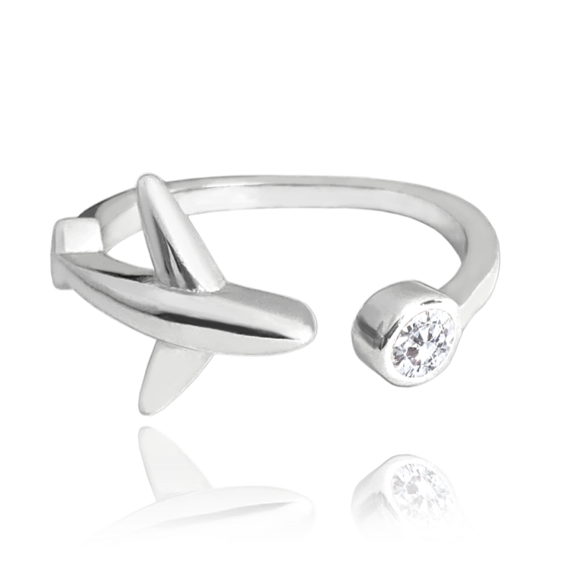MINET Cestovatelský stříbrný prsten LETADLO s bílým zirkonem vel. 55
