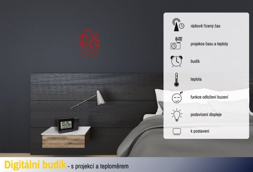 TFA 60.5016.01 - Rádiem řízený digitální budík s projekcí, zobrazením vnitřní teploty a podsvětleným displejem