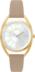 MINET Stříbrno-zlaté dámské hodinky s čísly ICON GOLD s béžovým koženým řemínkem