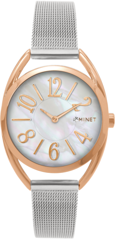 MINET Strieborno-ružové dámske hodinky s číslami ICON ROSE GOLD PEARL MESH