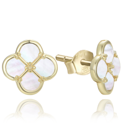 MINET Pozlátené strieborné náušnice štvorlístky s bielou perleťou