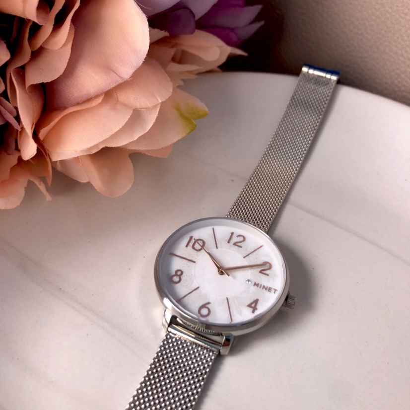 MINET Strieborné dámske hodinky PRAGUE Silver Flower Mesh s číslami