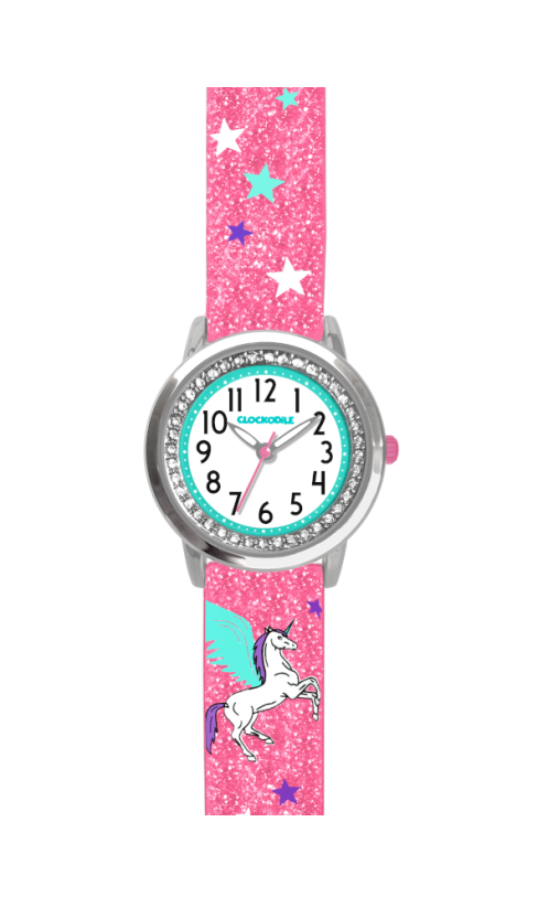 Růžové třpytivé dívčí hodinky s jednorožcem a kamínky CLOCKODILE UNICORN CWG5100