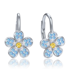 MINET Detské strieborné náušnice kytička s modrými, bielymi a žltými zirkónmi