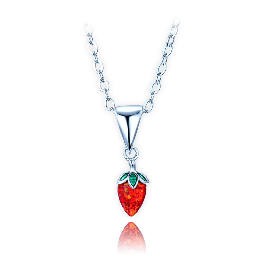 MINET Detský strieborný náhrdelník jahôdka s červeným opálom