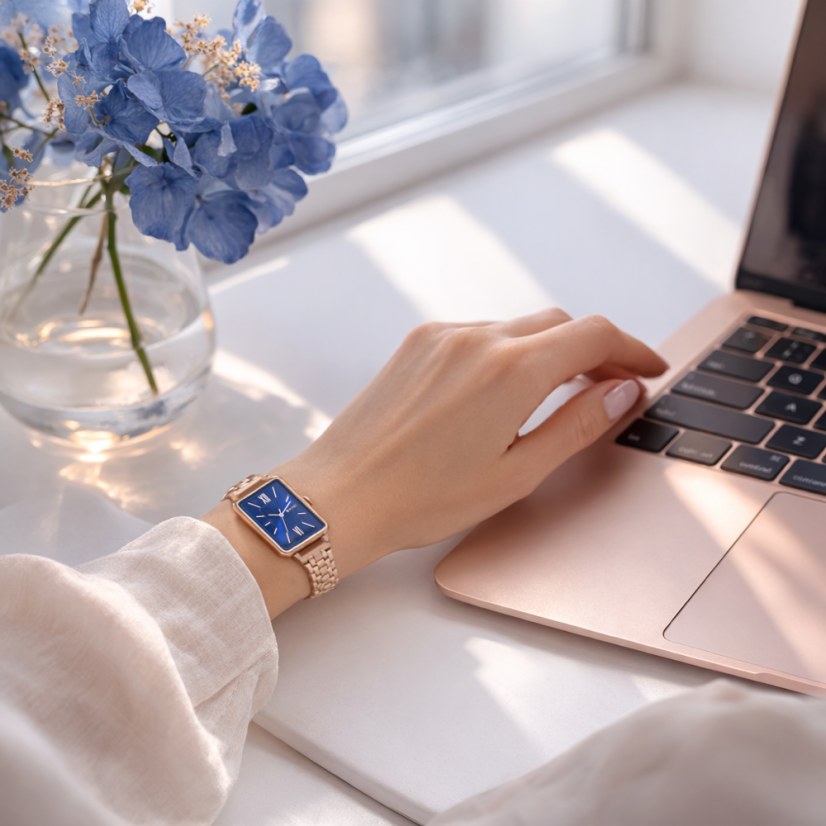 MINET Rosegold-modré dámské hodinky SIENA se rosegold ocelovým řemínkem