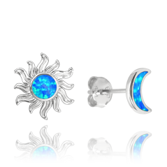 MINET Strieborné náušnice SLNKO a MESIAC s modrými opálmi