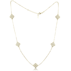 MINET Pozlátený strieborný náhrdelník štvorlístky s bielymi zirkónmi