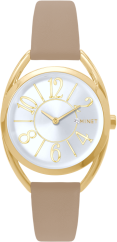 MINET Stříbrno-zlaté dámské hodinky s čísly ICON GOLD s béžovým koženým řemínkem