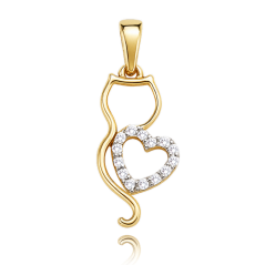 MINET Zlatý príves mačka so srdiečkom s bielymi zirkónmi Au 585/1000 0,70g