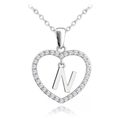 MINET Stříbrný náhrdelník písmeno v srdíčku "N" se zirkony