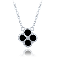 MINET Strieborný náhrdelník štvorlístok s čiernou perleťou