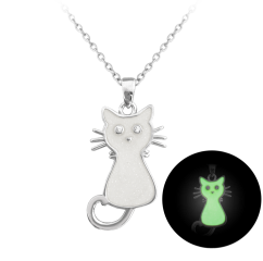 MINET Svietiaci biely detský strieborný náhrdelník MAČIČKA