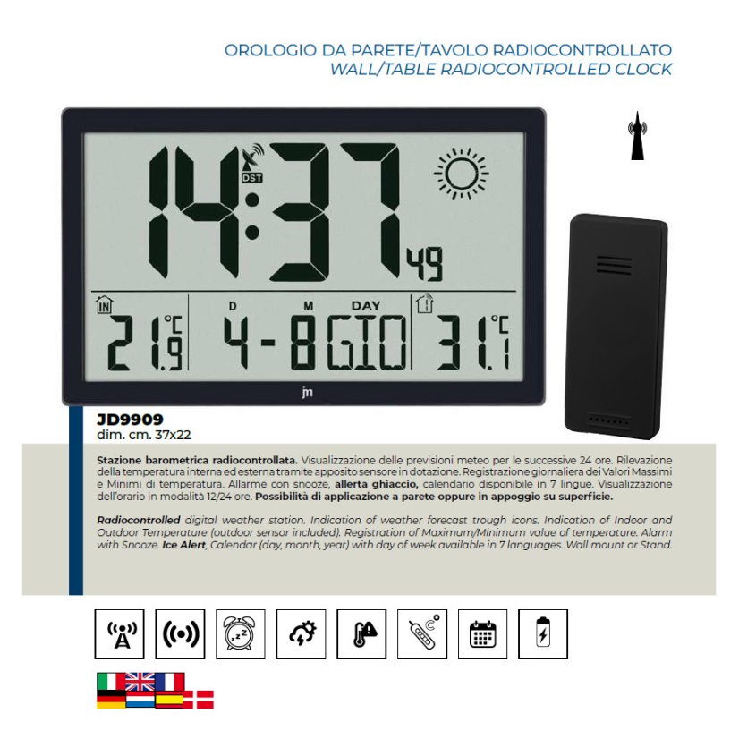 Meteostanice a digitální hodiny JD9909 Lowell řízené signálem DCF 37cm