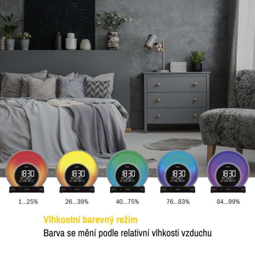 TFA 60.2026.01  - Digitální budík s barevným podsvícením, teplotou a vlhkostí SOLUNA
