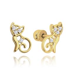 MINET Zlaté náušnice kočky na šroubek s bílými zirkony Au 585/1000 1,15g