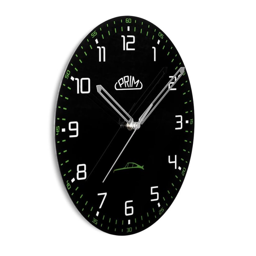 Sklenené nástenné hodiny s tichým chodom PRIM Speedline - čierno-zelené - E09.5530.9040