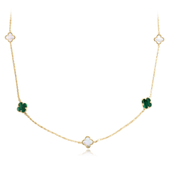 MINET Zlatý náhrdelník čtyřlístek se zeleným malachitem a bílou perletí Au 585/1000 4,20g