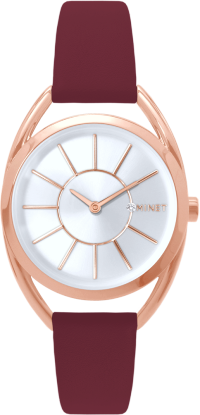 MINET Rose gold dámské hodinky ICON PINK s vínovým koženým řemínkem