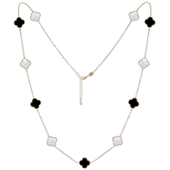 MINET Pozlacený stříbrný náhrdelník ČTYŘLÍSTKY s bílou perletí a onyxem Ag 925/1000 11,90g