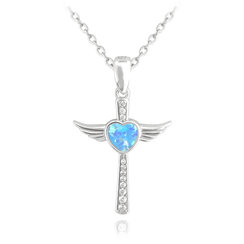 MINET Strieborný náhrdelník ANJELSKÝ KRÍŽOK s modrým opálovým srdiečkom
