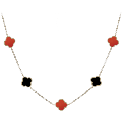 MINET Pozlátený strieborný náhrdelník ŠTVORLÍSTKY s červeným achátom a onyxom Ag 925/1000 11,75g