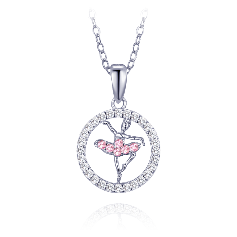 MINET Strieborný náhrdelník baletka s ružovými zirkónmi