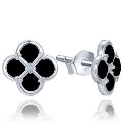 MINET Strieborné náušnice štvorlístky s čiernou perleťou