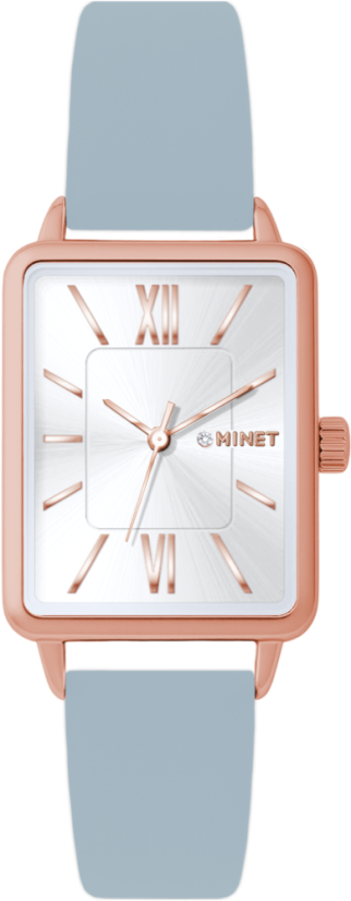MINET Rosegold dámské hodinky SIENA s šedým koženým řemínkem