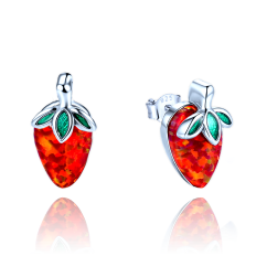 MINET Detské strieborné náušnice jahôdky s červeným opálom