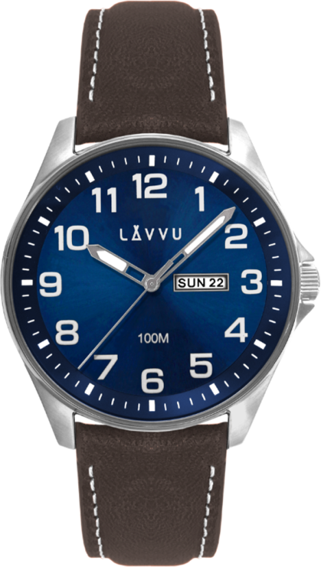 LAVVU Ocelové pánské hodinky BERGEN Blue / Top Grain Leather se svítícími čísly