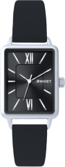 MINET Stříbrno-černé dámské hodinky SIENA s černým koženým řemínkem