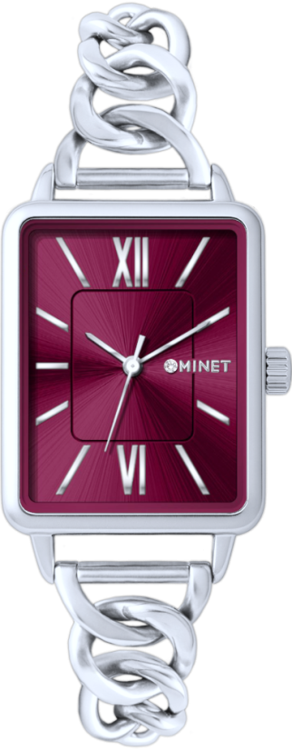 MINET Stříbrno-vínové dámské hodinky SIENA se stříbrným ocelovým řemínkem