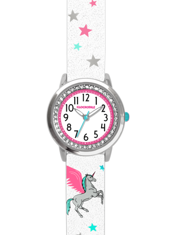 Biele trblietavé dievčenské hodinky s jednorožcom a kamienkami CLOCKODILE UNICORN CWG5101