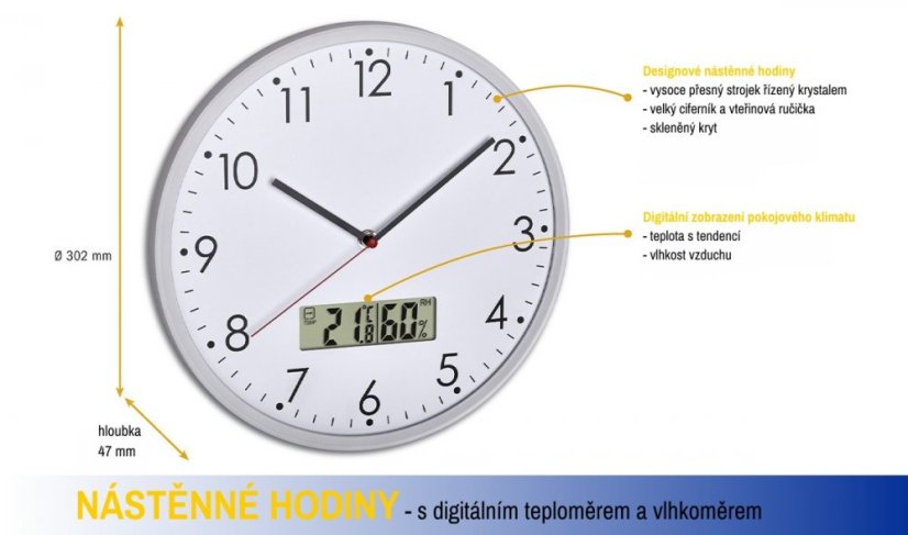 TFA 60.3048.02 - Analógové nástenné hodiny s digitálnym teplomerom a vlhkomerom