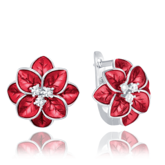 MINET Stříbrné náušnice červené kytičky s bílými zirkony