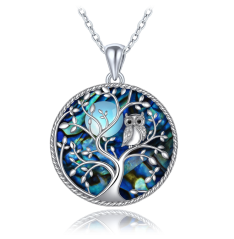 MINET Strieborný náhrdelník strom života so sovou s čiernymi zirkónmi a perleťou