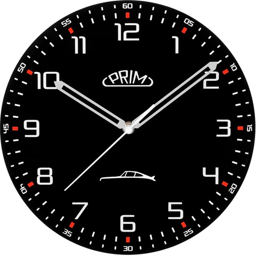 Sklenené nástenné hodiny s tichým chodom PRIM Speedline - čierno-biele - E09.5530.9000