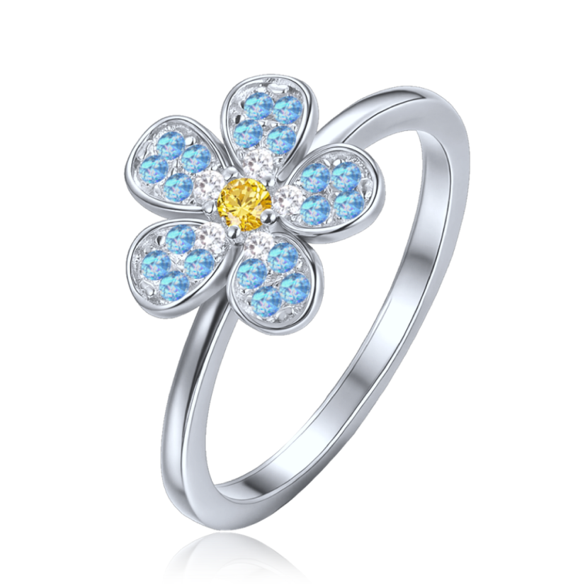 MINET Detský strieborný prsteň kytička s modrým, bielym a žltým zirkónom veľ. 51