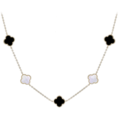 MINET Pozlátený strieborný náhrdelník ŠTVORLÍSTKY s bielou perleťou a onyxom Ag 925/1000 11,90g