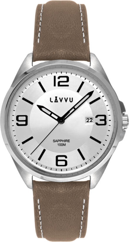 LAVVU Pánske hodinky so zafírovým sklom HERNING Silver / Top Grain Leather