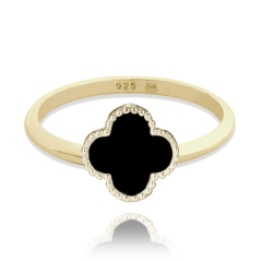 MINET Pozlacený stříbrný prsten čtyřlístek s onyxem vel. 56